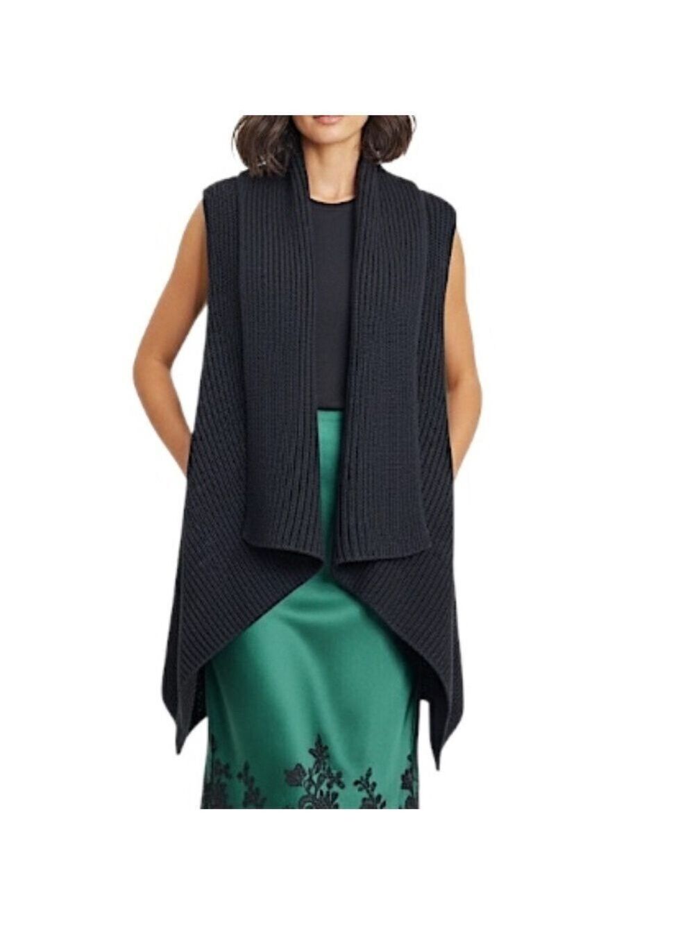DKR black pure cotton waterfall sleeveless open front cardigan sweater vest M